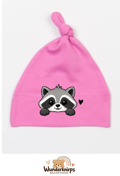 Knotenmütze Babybugz BZ15 in Bubblegum-Pink mit Motiv Waschbär mit Herz