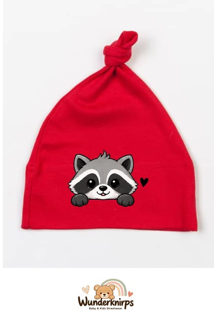 Knotenmütze Babybugz BZ15 in Rot mit Motiv Waschbär mit Herz