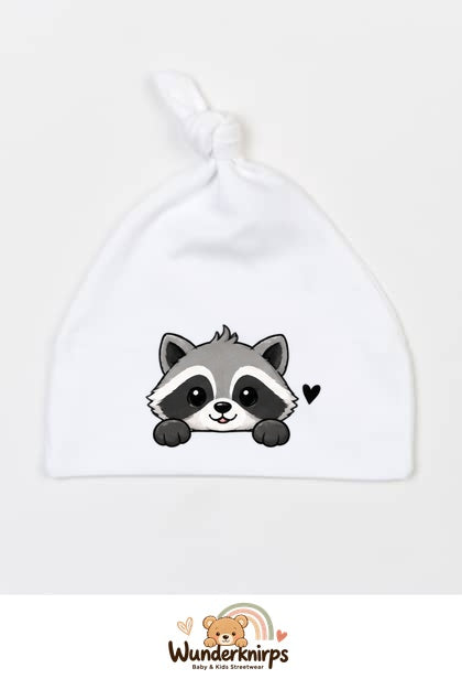 Knotenmütze Babybugz BZ15 in Weiß mit Motiv Waschbär mit Herz