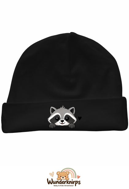 Umschlagmütze Rox-01 in Schwarz mit Motiv Waschbär mit Herz