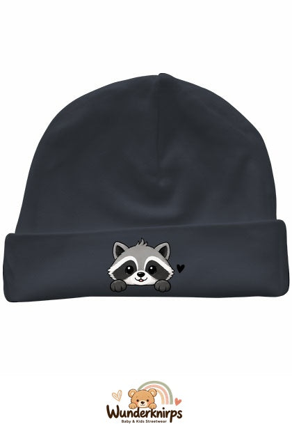 Umschlagmütze Rox-01 in Anthrazit mit Motiv Waschbär mit Herz