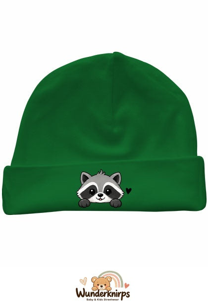 Umschlagmütze Rox-01 in Grün mit Motiv Waschbär mit Herz