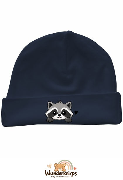 Umschlagmütze Rox-01 in Marineblau mit Motiv Waschbär mit Herz