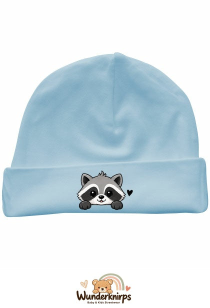 Umschlagmütze Rox-01 in Pastellblau mit Motiv Waschbär mit Herz