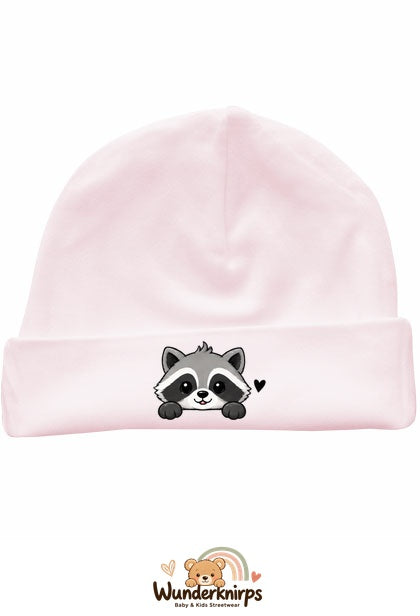 Umschlagmütze Rox-01 in Pastellrosa mit Motiv Waschbär mit Herz