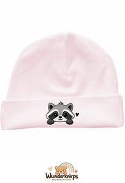 Umschlagmütze Rox-01 in Pastellrosa mit Motiv Waschbär mit Herz