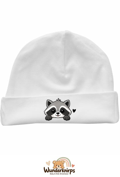 Umschlagmütze Rox-01 in Weiß mit Motiv Waschbär mit Herz