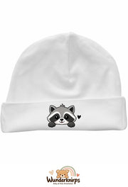 Umschlagmütze Rox-01 in Weiß mit Motiv Waschbär mit Herz