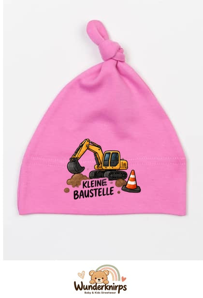 Knotenmütze Babybugz BZ15 in Bubblegum-Pink mit Motiv Bagger Kleine Baustelle