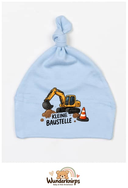 Knotenmütze Babybugz BZ15 in Staubblau mit Motiv Bagger Kleine Baustelle