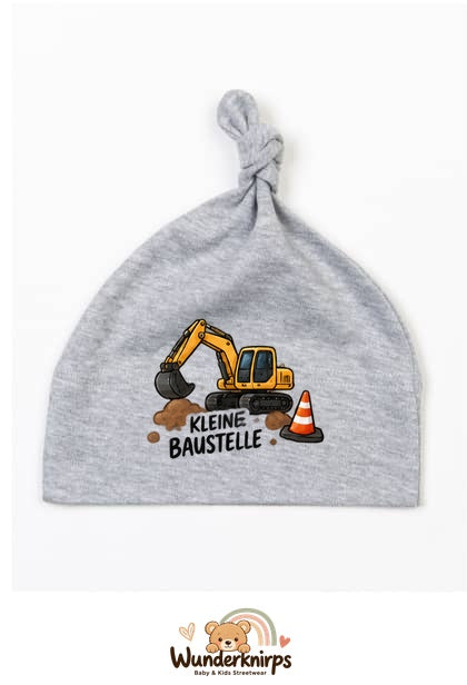 Knotenmütze Babybugz BZ15 in Grau meliert mit Motiv Bagger Kleine Baustelle