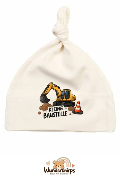 Knotenmütze Babybugz BZ15 in Natur mit Motiv Bagger Kleine Baustelle