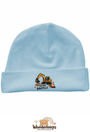 Umschlagmütze Rox-01 in Pastellblau mit Motiv Bagger Kleine Baustelle