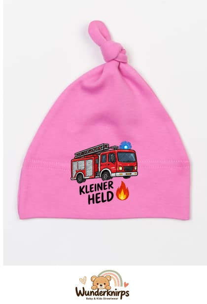 Knotenmütze Babybugz BZ15 in Bubblegum-Pink mit Motiv Feuerwehr Kleiner Held