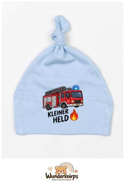 Knotenmütze Babybugz BZ15 in Staubblau mit Motiv Feuerwehr Kleiner Held