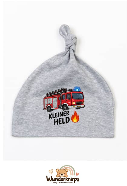 Knotenmütze Babybugz BZ15 in Grau meliert mit Motiv Feuerwehr Kleiner Held