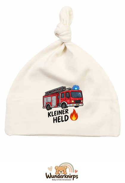 Knotenmütze Babybugz BZ15 in Natur mit Motiv Feuerwehr Kleiner Held