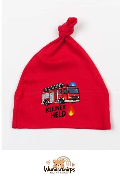 Knotenmütze Babybugz BZ15 in Rot mit Motiv Feuerwehr Kleiner Held
