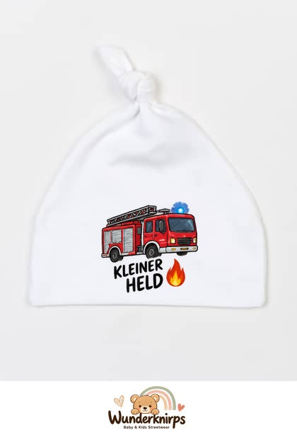 Knotenmütze Babybugz BZ15 in Weiß mit Motiv Feuerwehr Kleiner Held