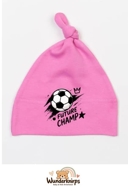 Knotenmütze Babybugz BZ15 in Bubblegum-Pink mit Motiv Fußball Future Champ