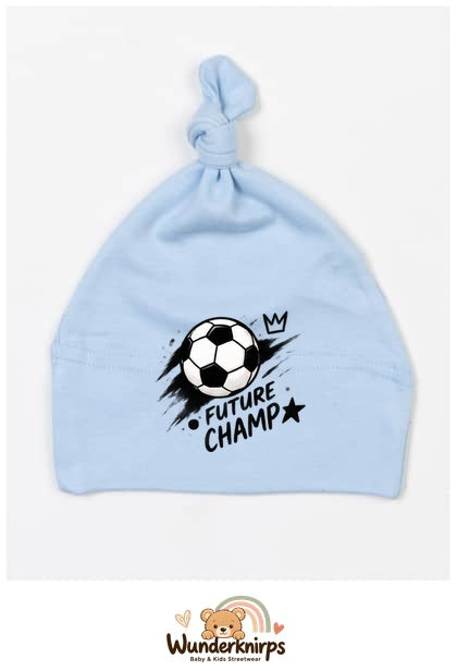 Knotenmütze Babybugz BZ15 in Staubblau mit Motiv Fußball Future Champ