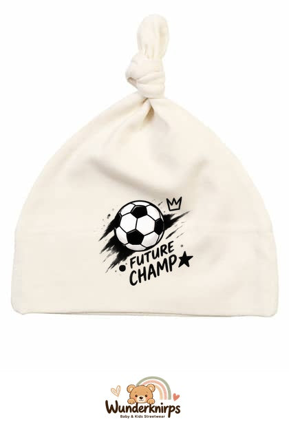 Knotenmütze Babybugz BZ15 in Natur mit Motiv Fußball Future Champ
