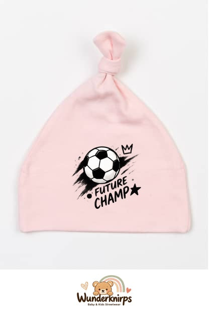 Knotenmütze Babybugz BZ15 in Pastellrosa mit Motiv Fußball Future Champ