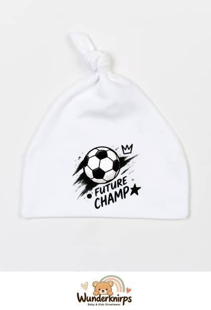 Knotenmütze Babybugz BZ15 in Weiß mit Motiv Fußball Future Champ