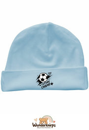 Umschlagmütze Rox-01 in Pastellblau mit Motiv Fußball Future Champ