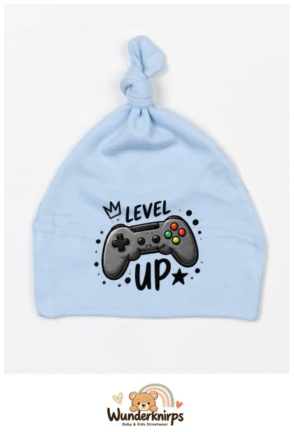 Knotenmütze Babybugz BZ15 in Staubblau mit Motiv Controller Level Up