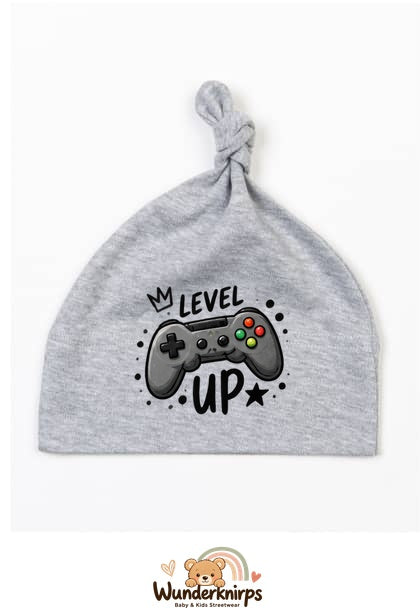 Knotenmütze Babybugz BZ15 in Grau meliert mit Motiv Controller Level Up