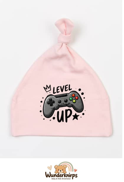 Knotenmütze Babybugz BZ15 in Pastellrosa mit Motiv Controller Level Up