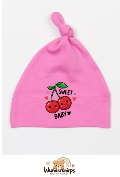 Knotenmütze Babybugz BZ15 in Bubblegum-Pink mit Motiv Kirschen Sweet Baby