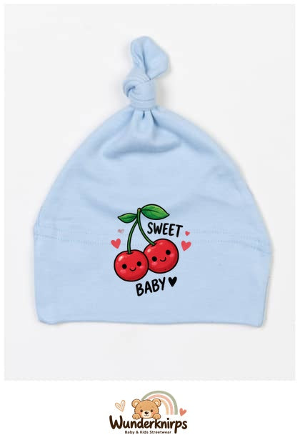 Knotenmütze Babybugz BZ15 in Staubblau mit Motiv Kirschen Sweet Baby