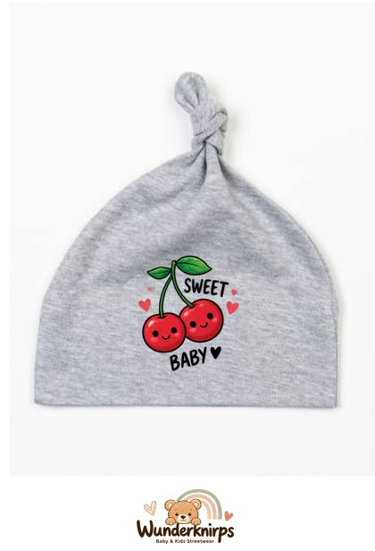 Knotenmütze Babybugz BZ15 in Grau meliert mit Motiv Kirschen Sweet Baby