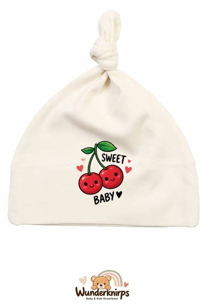 Knotenmütze Babybugz BZ15 in Natur mit Motiv Kirschen Sweet Baby