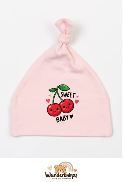 Knotenmütze Babybugz BZ15 in Pastellrosa mit Motiv Kirschen Sweet Baby