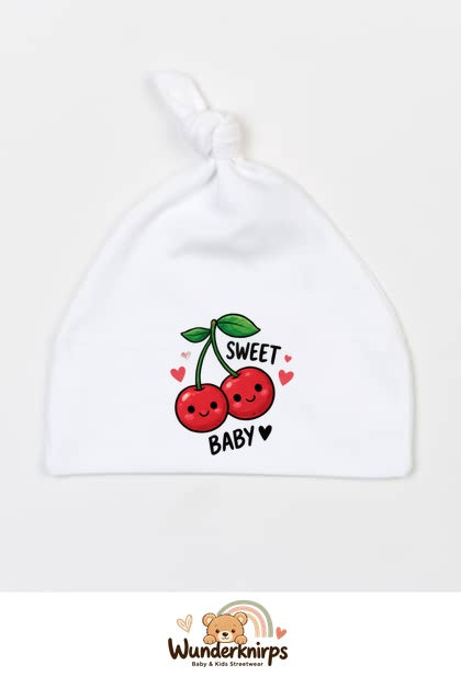 Knotenmütze Babybugz BZ15 in Weiß mit Motiv Kirschen Sweet Baby