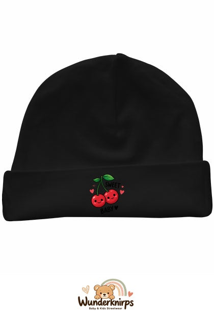 Umschlagmütze Rox-01 in Schwarz mit Motiv Kirschen Sweet Baby