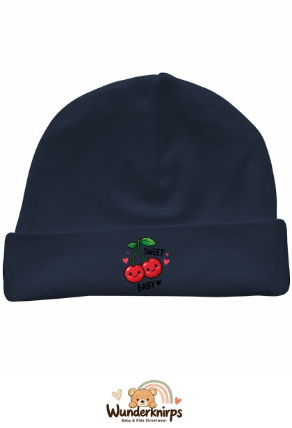 Umschlagmütze Rox-01 in Marineblau mit Motiv Kirschen Sweet Baby