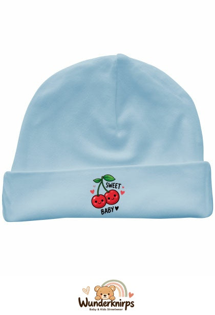 Umschlagmütze Rox-01 in Pastellblau mit Motiv Kirschen Sweet Baby