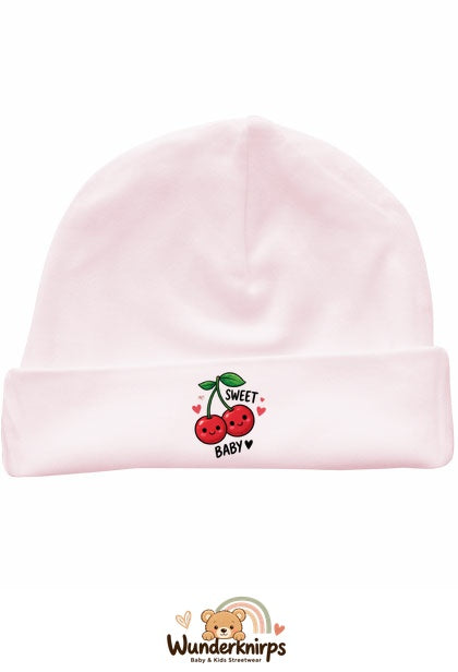 Umschlagmütze Rox-01 in Pastellrosa mit Motiv Kirschen Sweet Baby