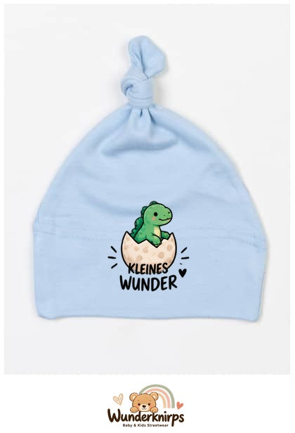 Knotenmütze Babybugz BZ15 in Staubblau mit Motiv Dino Kleines Wunder