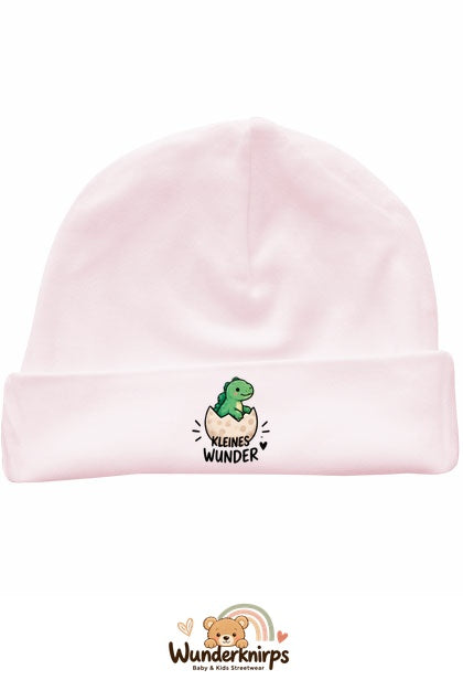 Umschlagmütze Rox-01 in Pastellrosa mit Motiv Dino Kleines Wunder