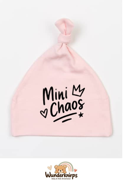 Knotenmütze Babybugz BZ15 in Pastellrosa mit Motiv Mini Chaos