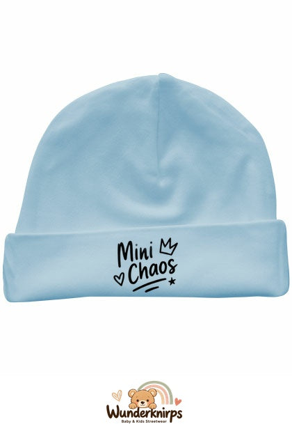 Umschlagmütze Rox-01 in Pastellblau mit Motiv Mini Chaos