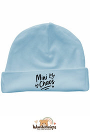 Umschlagmütze Rox-01 in Pastellblau mit Motiv Mini Chaos