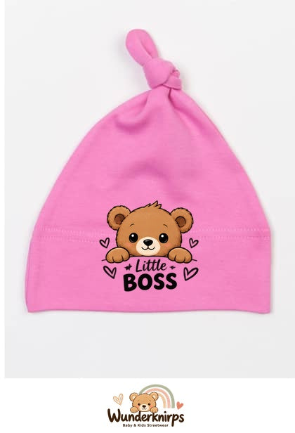 Knotenmütze Babybugz BZ15 in Bubblegum-Pink mit Motiv Bär Little Boss