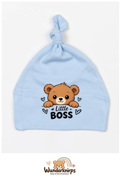Knotenmütze Babybugz BZ15 in Staubblau mit Motiv Bär Little Boss