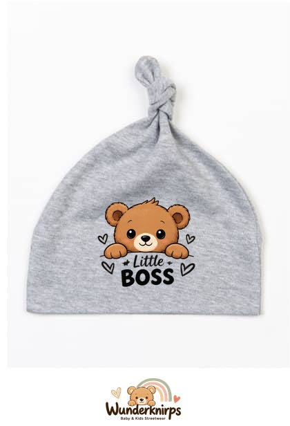 Knotenmütze Babybugz BZ15 in Grau meliert mit Motiv Bär Little Boss